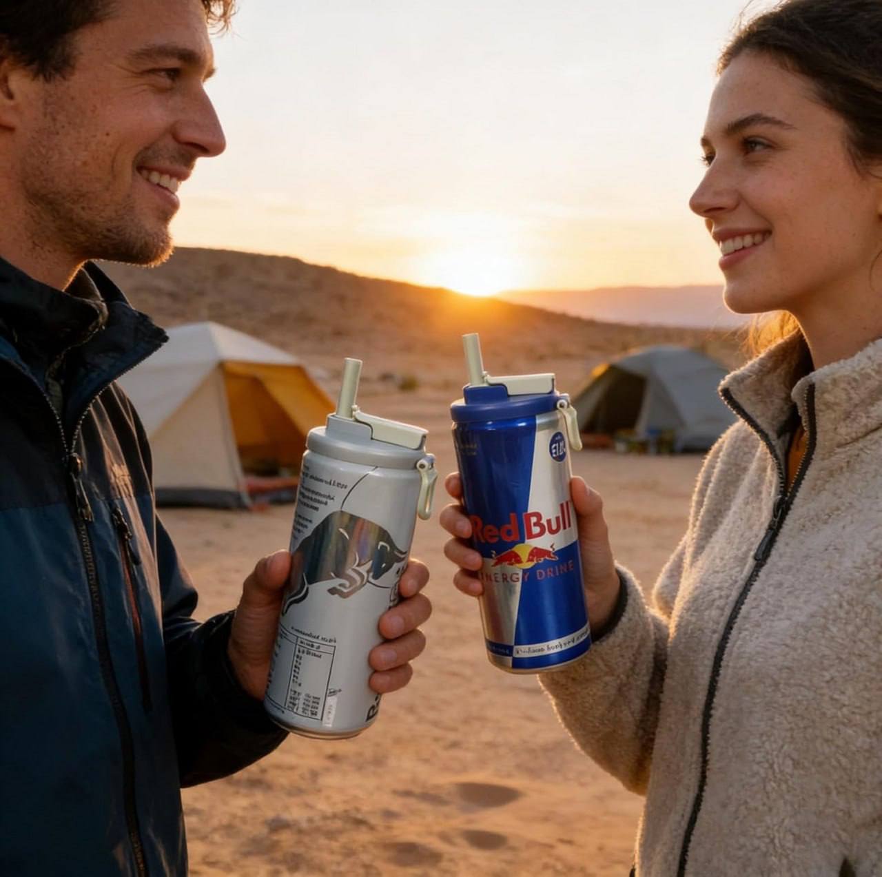 Couple at desert campsite toasting with cans fitted with reusable flip straw lids at sunset