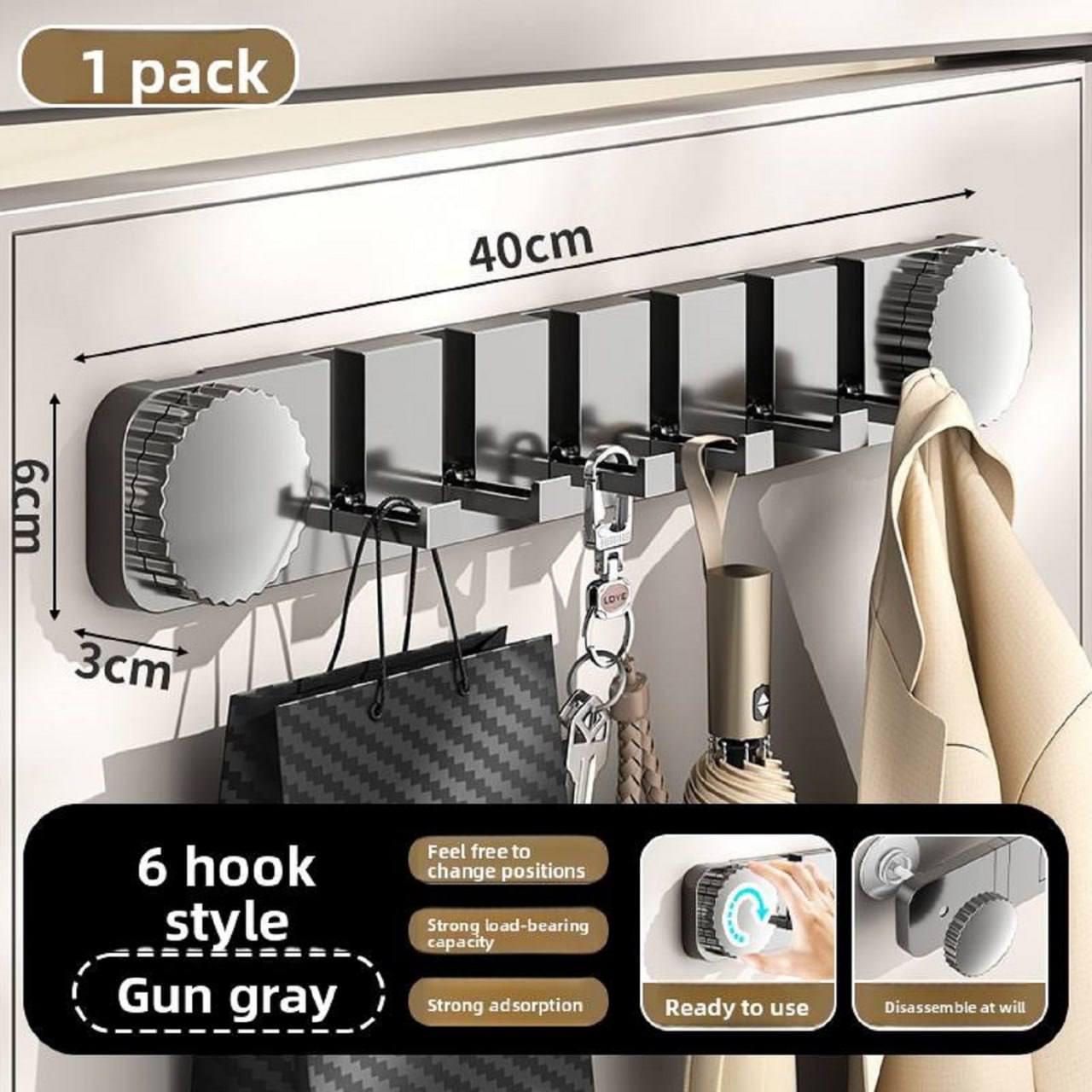 6 hook wall hanger gun gray 40cm length 6cm height 3cm depth dimensions with strong suction cup base