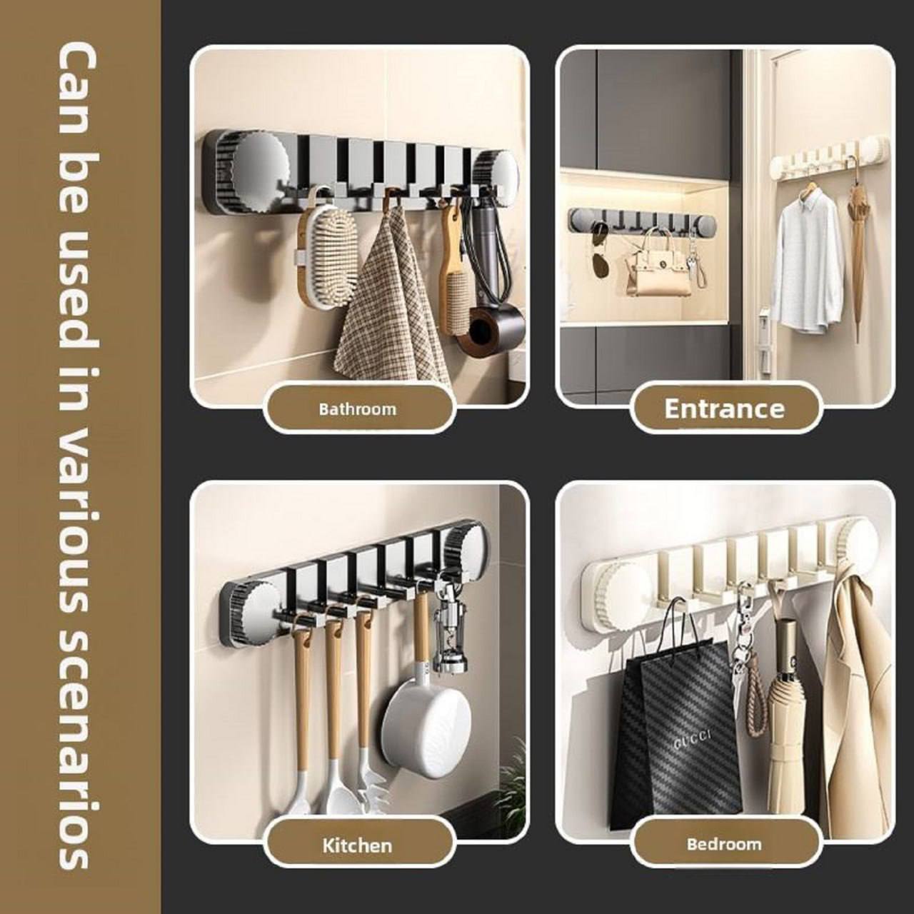 Wall mounted 6-hook hanger used in bathroom entrance kitchen and bedroom various scenarios
