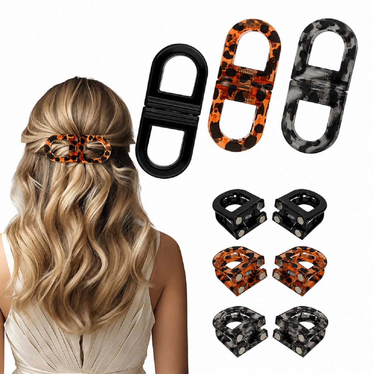 Magnetic hair claw clip in leopard print and solid black shown on model half-up hairstyle and ponytail