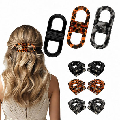 Magnetic hair claw clip in leopard print and solid black shown on model half-up hairstyle and ponytail