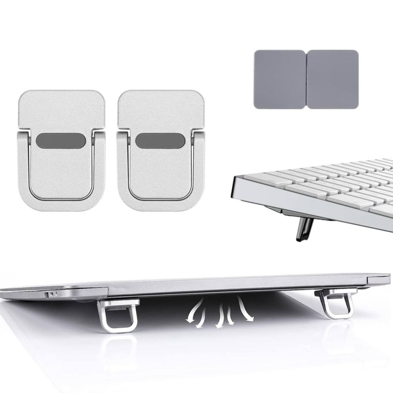 Mini invisible laptop stand silver zinc alloy self-adhesive foldable riser shown on MacBook tablet and phone