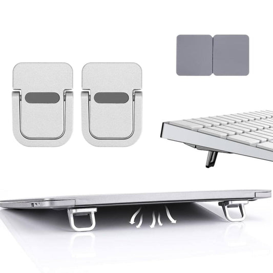 Mini invisible laptop stand silver zinc alloy self-adhesive foldable riser shown on MacBook tablet and phone
