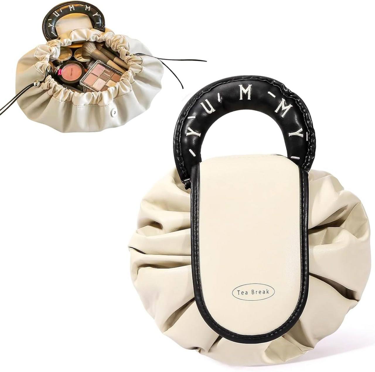 Lazy drawstring makeup bag brown beige PU leather with designer oval handle closed compact view