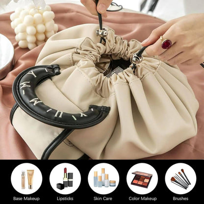 One pull drawstring close lazy makeup bag cinches shut in one second portable and travel ready