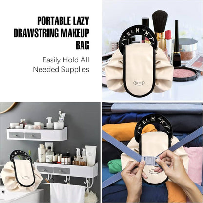 Girl at vanity using lazy drawstring makeup bag white version on dressing table easy access all products