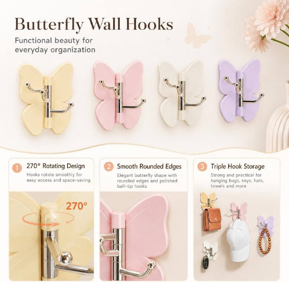270 degree rotating design smooth rounded edges triple hook storage butterfly wall hook feature highlights