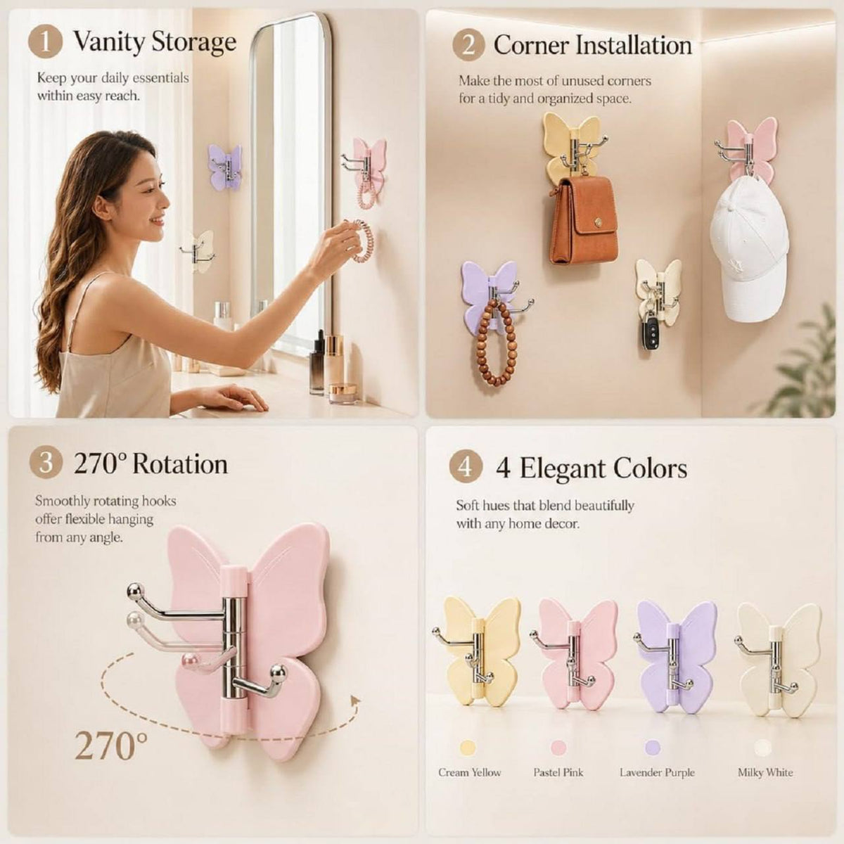 Vanity storage corner installation 270 degree rotation 4 elegant colors butterfly wall hook use cases