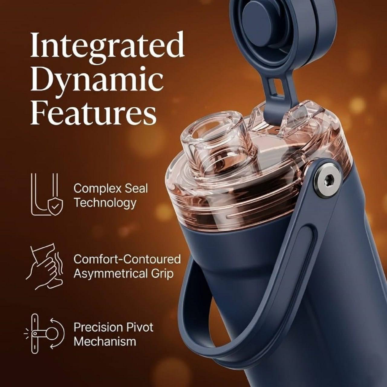 Integrated dynamic features complex seal technology comfort contoured asymmetrical grip precision pivot mechanism navy blue shaker