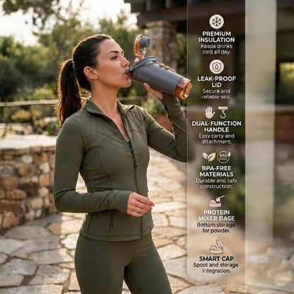 Bottle features flip top lid leak proof seal strong carry handle durable material travel friendly black shaker