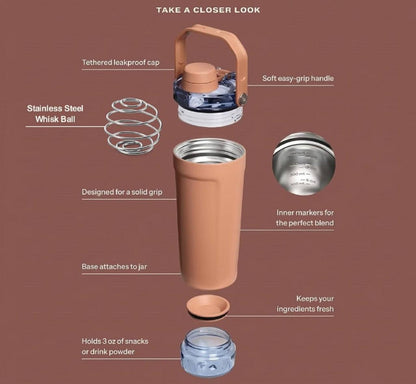 Details sealing cover cup body scale inside cup protein powder container 4 component breakdown black shaker bottle