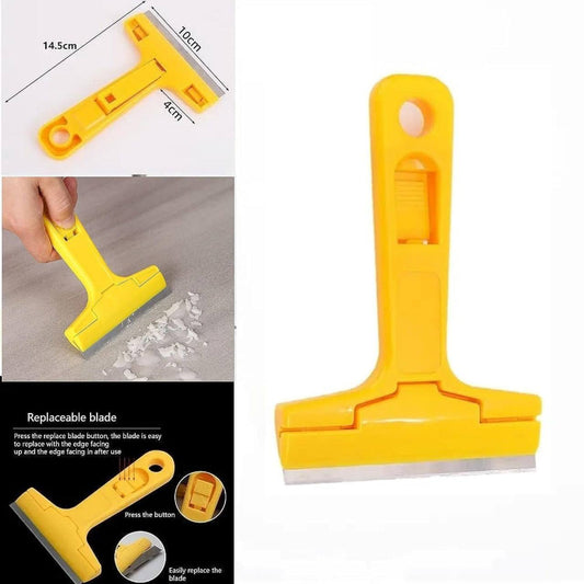 Heavy duty razor blade scraper tool yellow ABS ergonomic T-grip handle dimensions 14.5cm x 10cm with replaceable blade press to open system