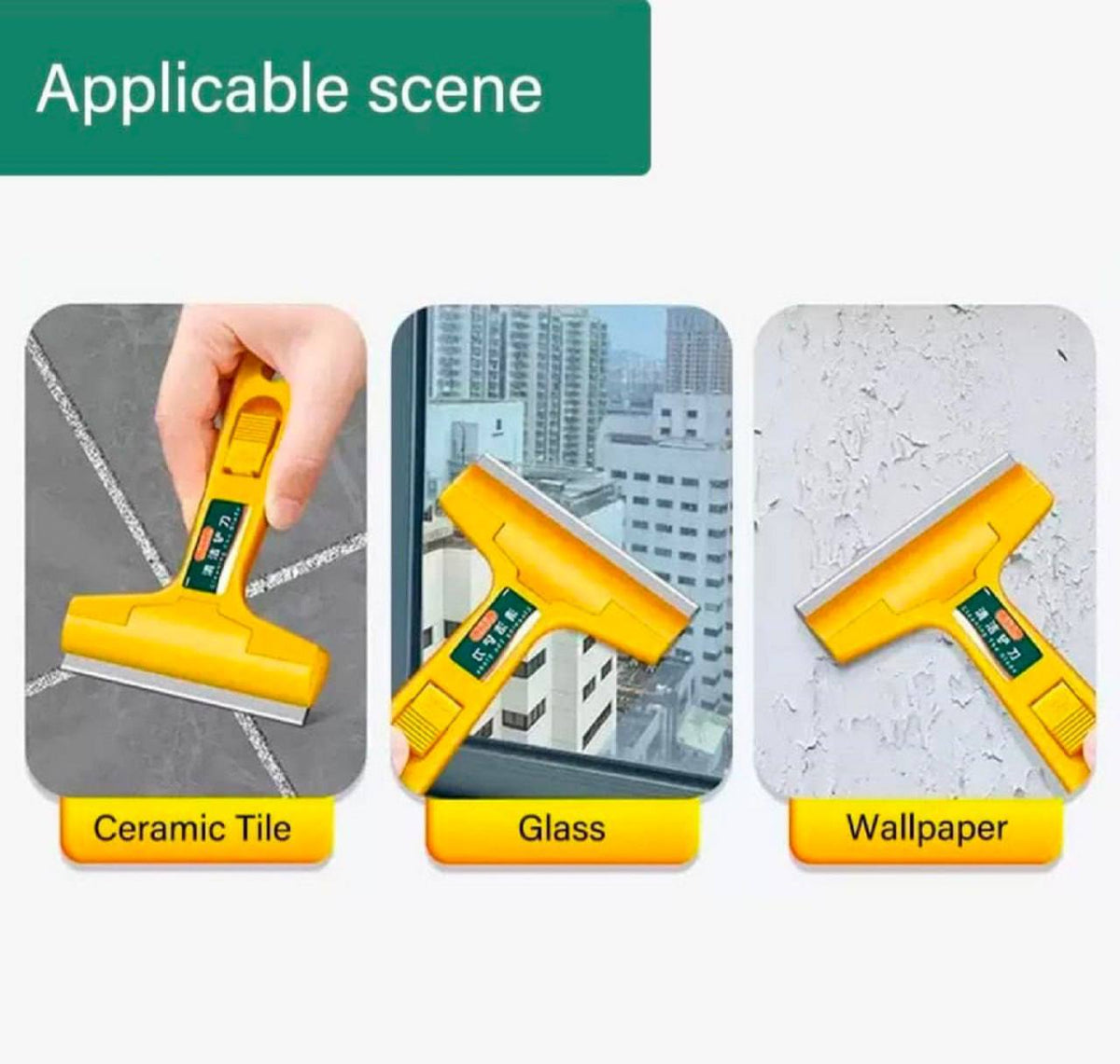One-press blade release mechanism close up press to open button replaceable stainless steel blade secure lock yellow scraper
