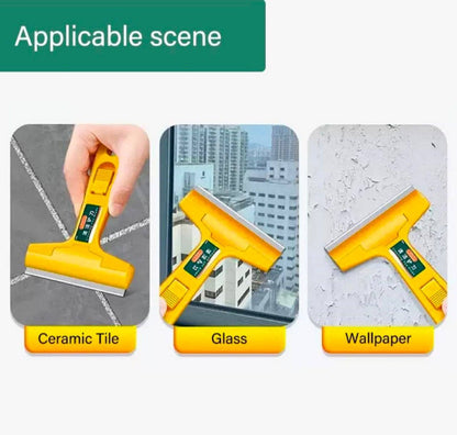 One-press blade release mechanism close up press to open button replaceable stainless steel blade secure lock yellow scraper