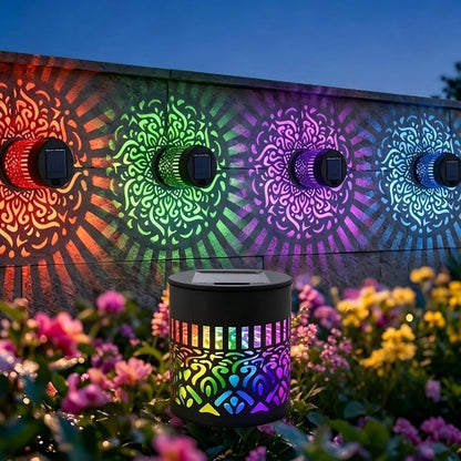 Solar mandala wall light in 4 colors red green purple and warm white mounted on outdoor wall with hollow mandala pattern projection IP65 waterproof dual installation