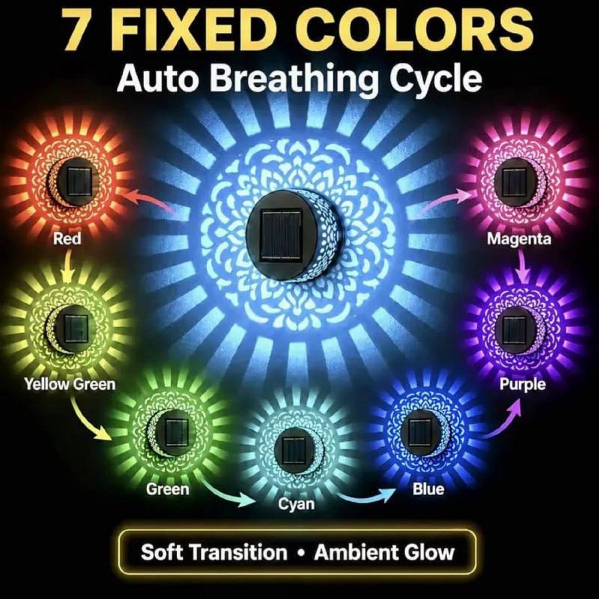 Solar garden mandala light used as freestanding lantern in 3 colors red green blue on patio with warm golden wall projection at night