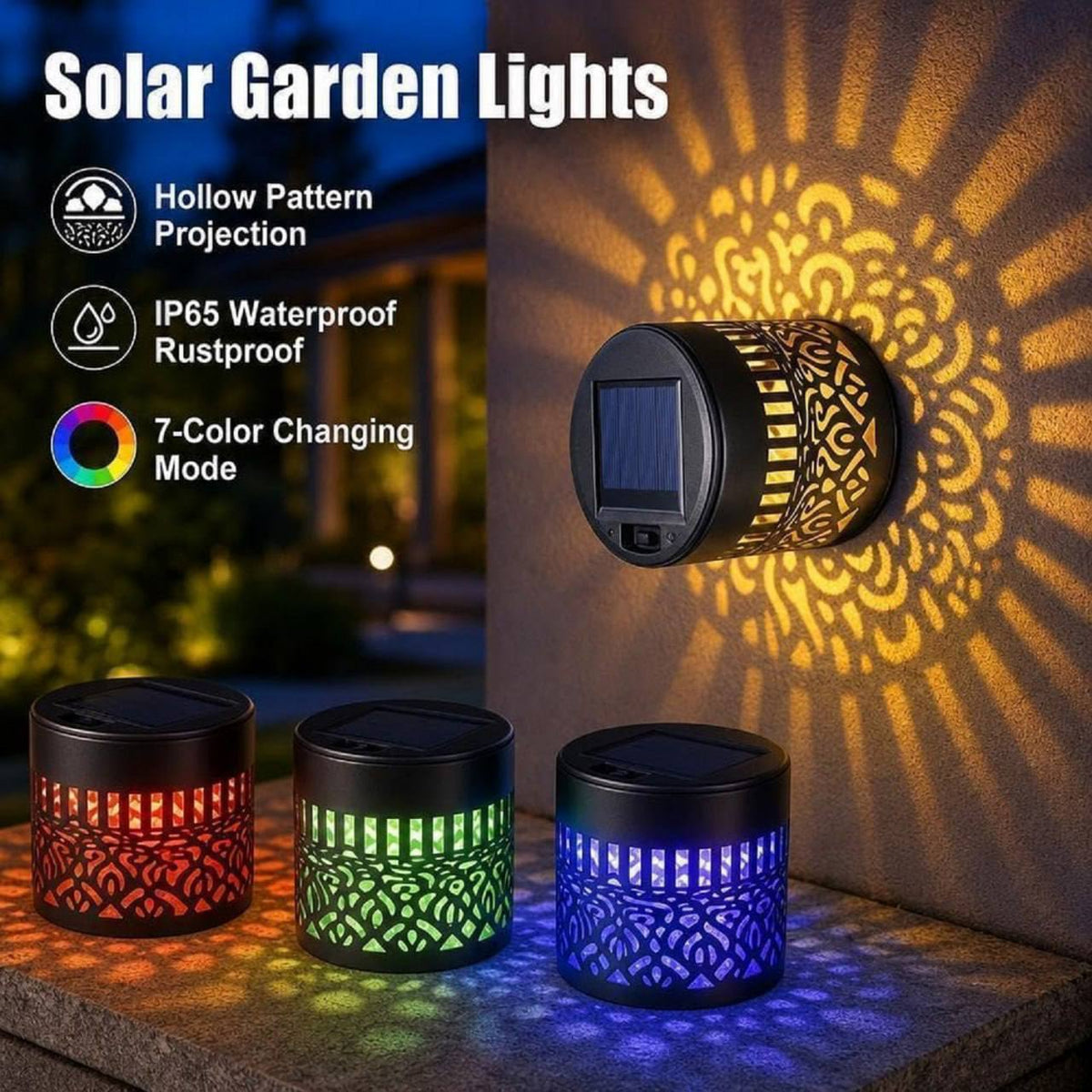 Solar mandala fence lights in 4 colors red green purple blue mounted on garden wall with colorful mandala pattern projection and flowers in foreground