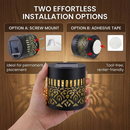 Two effortless installation options screw mount permanent and adhesive tape tool free renter friendly solar mandala light held in hand