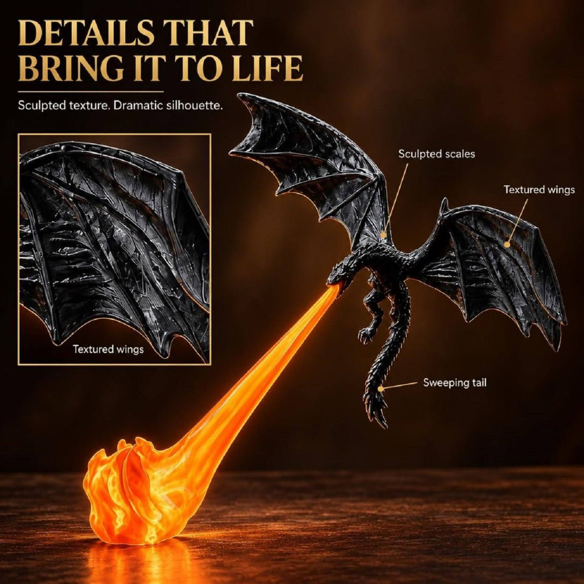 Dragon LED statue beside a wrapped gift, with gift packaging shown for inspiration