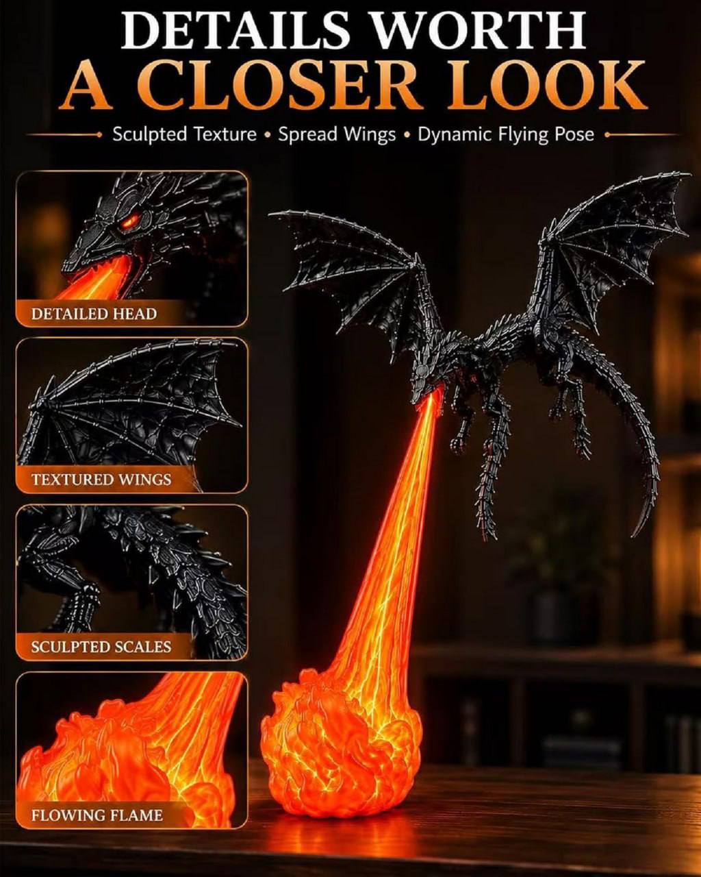 Multiple viewing angles of the black dragon statue and orange flame base
