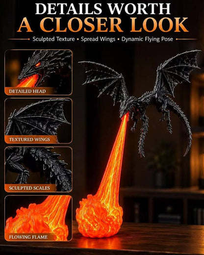 Multiple viewing angles of the black dragon statue and orange flame base