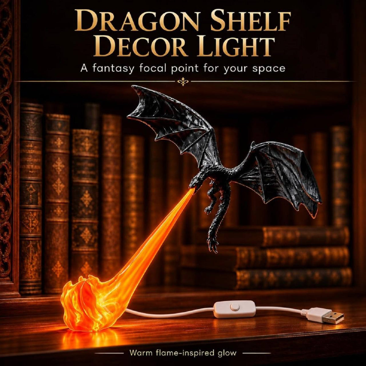 Black dragon LED statue with glowing orange flame base displayed on a desk