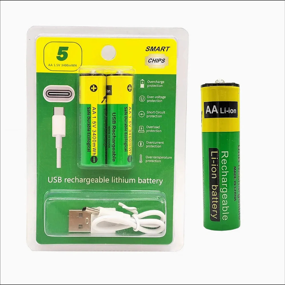 Two AAA USB rechargeable batteries 800mWh Type-C cable charging LED green glow lifestyle shot