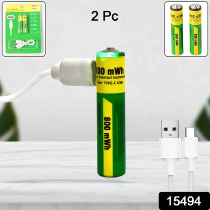 Pack of 2 NY USB rechargeable AAA lithium-ion batteries 800mWh Type-C charging with USB cable green yellow body LED indicator